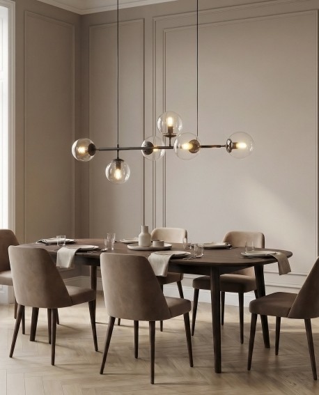 nowoczesna lampa wisząca czarna z przezroczystymi kulistymi kloszami nad stołem model Ceredo W6 od LuminaDeco