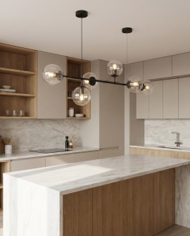 nowoczesna lampa wisząca czarna z przezroczystymi kulistymi kloszami nad stołem model Ceredo W6 od LuminaDeco