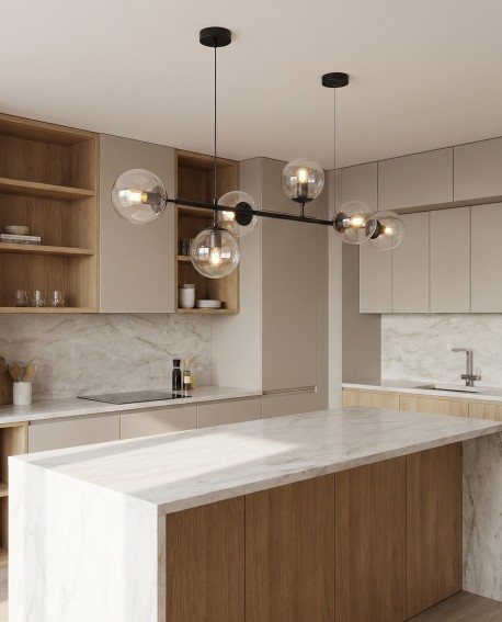 nowoczesna lampa wisząca czarna z przezroczystymi kulistymi kloszami nad stołem model Ceredo W6 od LuminaDeco