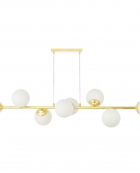 nowoczesna lampa wisząca w kolorze klasyczne złoto z ośmioma białymi kloszami do salonu producent Lampit model Fino W8