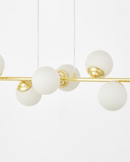 nowoczesna lampa wisząca w kolorze klasyczne złoto z ośmioma białymi kloszami do salonu producent Lampit model Fino W8