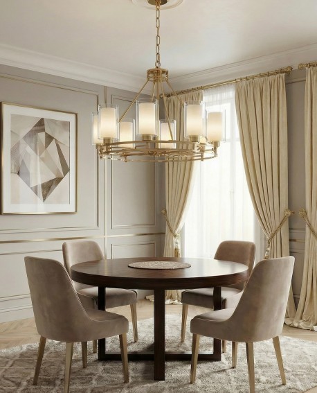 Duży okrągły żyrandol z 8 punktami światła w złotym kolorze zamontowany nad stołem do jadalni