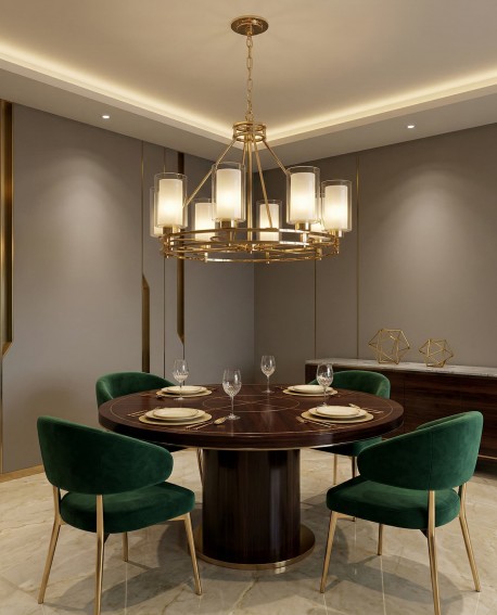 Ośmiokloszowy żyrandol nad stołem w jadalni ze złotymi akcentami