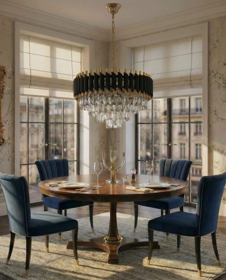 klasyczny żyrandol kryształowy złoty z czarnymi lamelami do salonu elegancka forma mazini d50 od producenta lumina deco