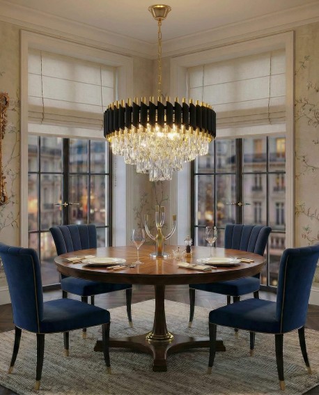 klasyczny żyrandol kryształowy złoty z czarnymi lamelami do salonu elegancka forma mazini d50 od producenta lumina deco