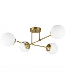 Lampa wisząca FINO W4 od Lampit w szczotkowanym złocie cztery mleczne kule na krzyżujących się ramionach na jasnym tle