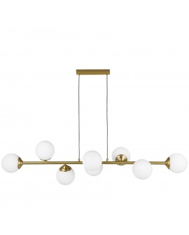 Lampa wisząca Fino W8 w szczotkowanym złocie z sześcioma białymi kulami, minimalistyczna konstrukcja z regulowaną wysokością