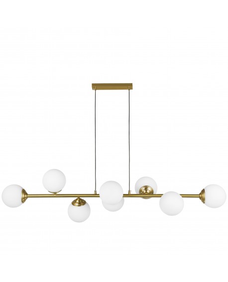 Lampa wisząca Fino W8 w szczotkowanym złocie z sześcioma białymi kulami, minimalistyczna konstrukcja z regulowaną wysokością