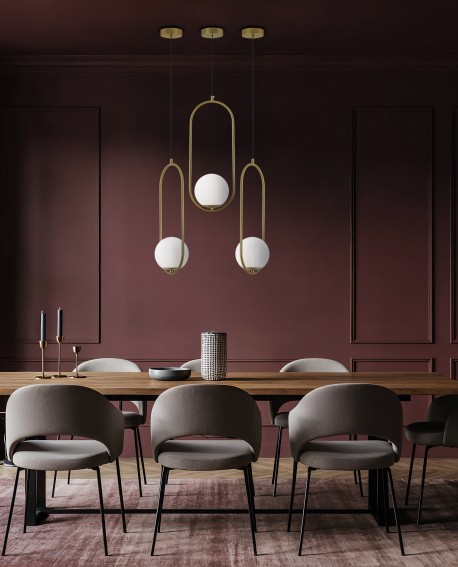 Designerska lampa wisząca z białym kloszem szkło szczotkowane złoto producent lampit linia VERO 1B nad stół