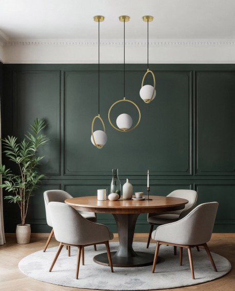 Lampa wisząca nad stół z okrągłą ramą i białą kulą Lampit prezentuje model Vero 1A w aranżacji jadalni