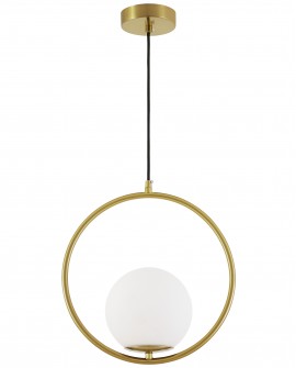 Lampa wisząca z okrągłą ramą szczotkowane złoto i białą kulą Lampit prezentuje model Vero 1A do salonu