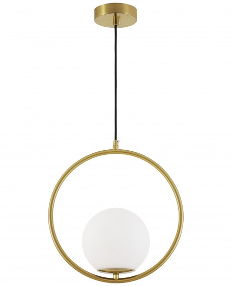 Lampa wisząca z okrągłą ramą szczotkowane złoto i białą kulą Lampit prezentuje model Vero 1A do salonu