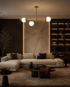 Nowoczesna lampa sufitowa FINO 3 szczotkowane złoto zamontowana w minimalistycznym salonie