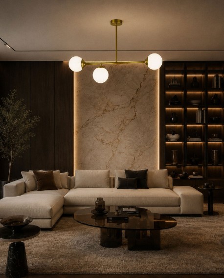 Nowoczesna lampa sufitowa FINO 3 szczotkowane złoto zamontowana w minimalistycznym salonie
