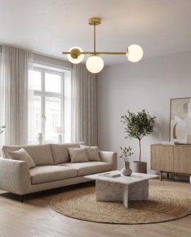 Nowoczesna lampa wisząca LEDO W3 Long Lampit w salonie z jasną sofą i stolikiem
