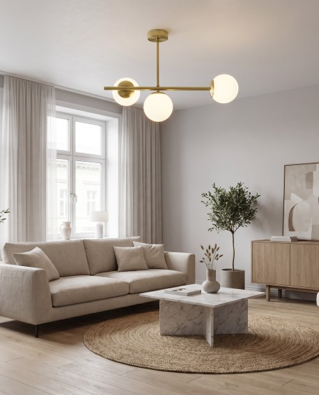 Nowoczesna lampa wisząca LEDO W3 Long Lampit w salonie z jasną sofą i stolikiem