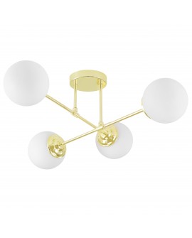 lampa wisząca FINO W4 od Lampit w kolorze klasyczne złoto cztery mleczne kule na krzyżujących się ramionach na jasnym tle