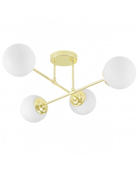 Lampa wisząca FINO W4 od Lampit w kolorze klasyczne złoto cztery mleczne kule na krzyżujących się ramionach na jasnym tle