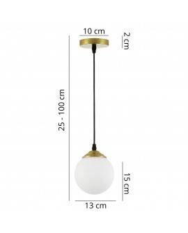 Nowoczesna lampa wisząca Lampit z białą kulą i złotym wykończeniem, regulowana wysokość 25-100 cm, średnica 13 cm