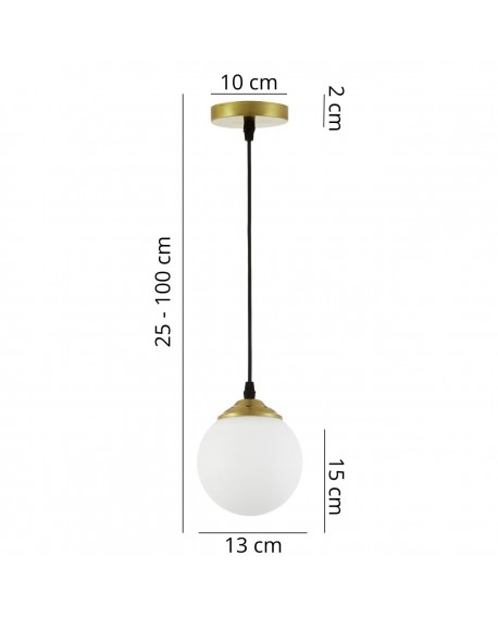 Nowoczesna lampa wisząca Lampit z białą kulą i złotym wykończeniem, regulowana wysokość 25-100 cm, średnica 13 cm