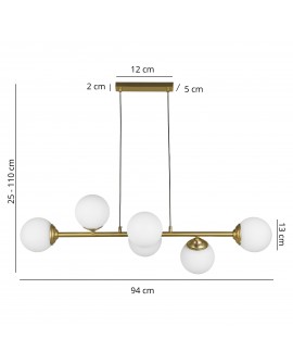 Lampa wisząca FINO W6 od Lampit szczotkowane złoto sześć mlecznych kul długość 94 cm wysokość 25 do 110 cm średnica klosza 13 cm