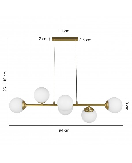 Lampa wisząca FINO W6 od Lampit szczotkowane złoto sześć mlecznych kul długość 94 cm wysokość 25 do 110 cm średnica klosza 13 cm