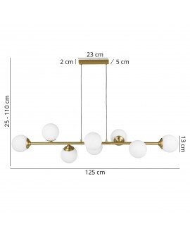 Lampa wisząca Fino W8 w szczotkowanym złocie z sześcioma białymi kulami, wymiary 125 cm szerokości, regulowana wysokość od 25 cm