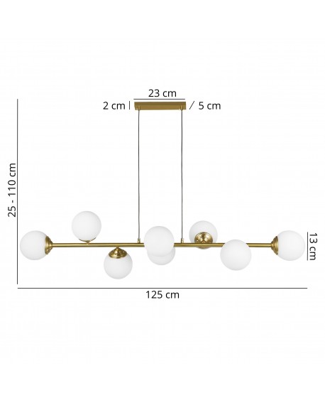 Lampa wisząca Fino W8 w szczotkowanym złocie z sześcioma białymi kulami, wymiary 125 cm szerokości, regulowana wysokość od 25 cm