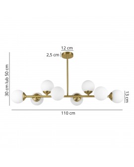 Lampa wisząca FINO W8 od Lampit szczotkowane złoto osiem mlecznych kul długość 110 cm wysokość 30 lub 50 cm średnica klosza 13cm