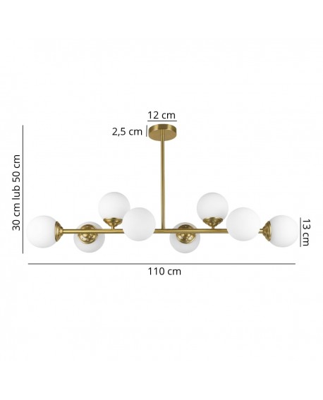 Lampa wisząca FINO W8 od Lampit szczotkowane złoto osiem mlecznych kul długość 110 cm wysokość 30 lub 50 cm średnica klosza 13cm