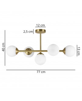 lampa wisząca FINO W5 od Lampit szczotkowane złoto pięć mlecznych kul długość 77 cm wysokość 40 cm średnica klosza 13 cm