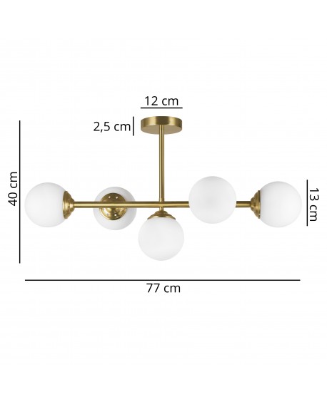 lampa wisząca FINO W5 od Lampit szczotkowane złoto pięć mlecznych kul długość 77 cm wysokość 40 cm średnica klosza 13 cm