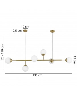 lampa wisząca Fino W6 od Lampit w szczotkowanym złocie z pięcioma białymi kulami, długość 130 cm, regulowana wysokość 25-110 cm