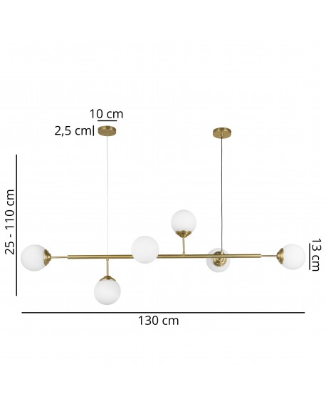 lampa wisząca Fino W6 od Lampit w szczotkowanym złocie z pięcioma białymi kulami, długość 130 cm, regulowana wysokość 25-110 cm