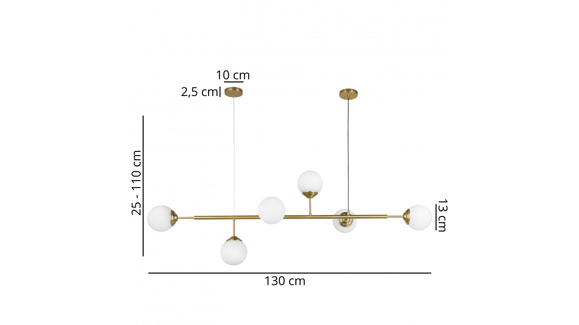 lampa wisząca Fino W6 od Lampit w szczotkowanym złocie z pięcioma białymi kulami, długość 130 cm, regulowana wysokość 25-110 cm
