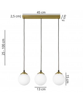 potrójna lampa wisząca Fino W3 w szczotkowanym złocie z trzema białymi kulami o średnicy 13 cm, regulowana wysokość od 25 do 100