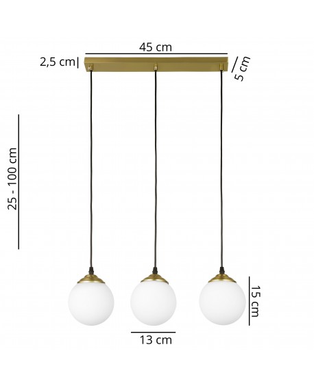 potrójna lampa wisząca Fino W3 w szczotkowanym złocie z trzema białymi kulami o średnicy 13 cm, regulowana wysokość od 25 do 100