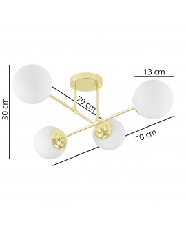 lampa wisząca FINO W4 od Lampit klasyczne złoto cztery mleczne kule szerokość 70 cm wysokość 30 cm średnica klosza 13 cm