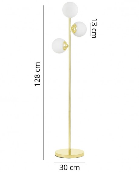  Lampa stojąca podłogowa klasyczne złoto Fino W3 z dwoma białymi kulami, wysokość 128 cm, średnica podstawy 30 cm