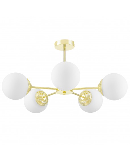 Nowoczesna złota lampa wisząca FINO RING W5 Lampit z pięcioma mlecznymi kulami