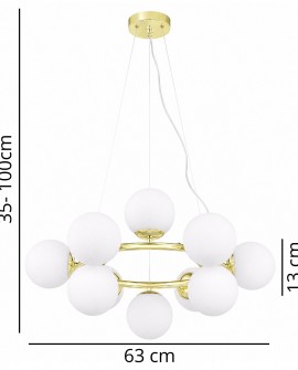 Lampa wisząca z 12 białymi kulami na złotej ramie, średnica 63 cm, regulowana wysokość 35-100 cm, elegancki design