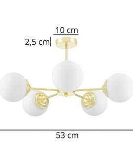 Wymiary złotej lampy wiszącej FINO RING W5 Lampit z pięcioma białymi kulami