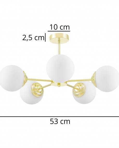 Wymiary złotej lampy wiszącej FINO RING W5 Lampit z pięcioma białymi kulami