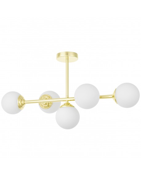 Białe szklane kule i złota konstrukcja lampy FINO W5 prezentowane frontalnie