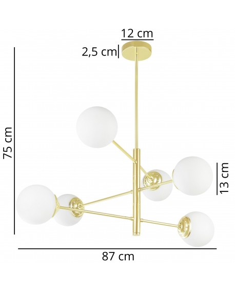 Złota lampa wisząca z sześcioma białymi kloszami przedstawiona z wymiarami: 75 cm wysokości i 87 cm szerokości
