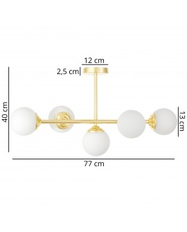 lampa wisząca FINO W5 od Lampit klasyczne złoto pięć mlecznych kul długość 77 cm wysokość 40 cm średnica klosza 13 cm