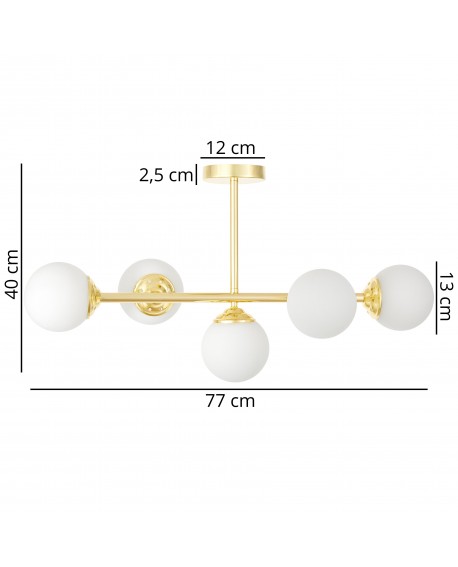 lampa wisząca FINO W5 od Lampit klasyczne złoto pięć mlecznych kul długość 77 cm wysokość 40 cm średnica klosza 13 cm