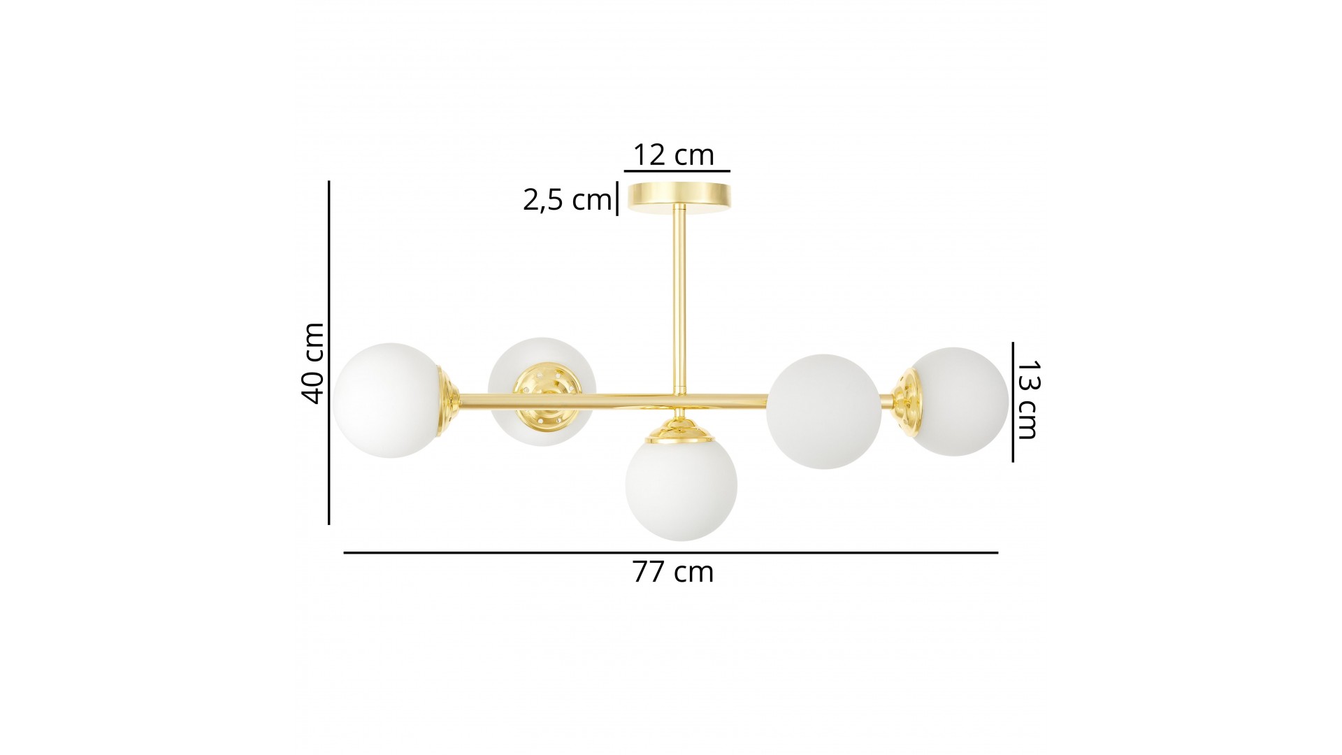 lampa wisząca FINO W5 od Lampit klasyczne złoto pięć mlecznych kul długość 77 cm wysokość 40 cm średnica klosza 13 cm