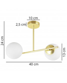 Złota lampa sufitowa z dwoma mlecznymi kloszami w stylu nowoczesnym o szerokości 40 cm