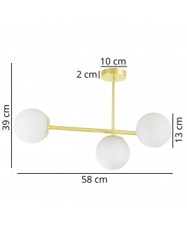Złota lampa sufitowa z trzema matowymi kloszami o szerokości 58cm i wysokości 39cm